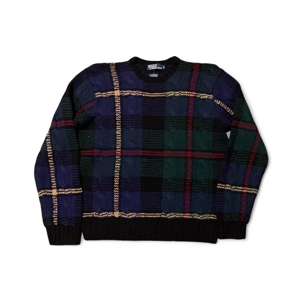 Polo Ralph Lauren hand knit tartan cable sweater vtg wool cashmere M/23